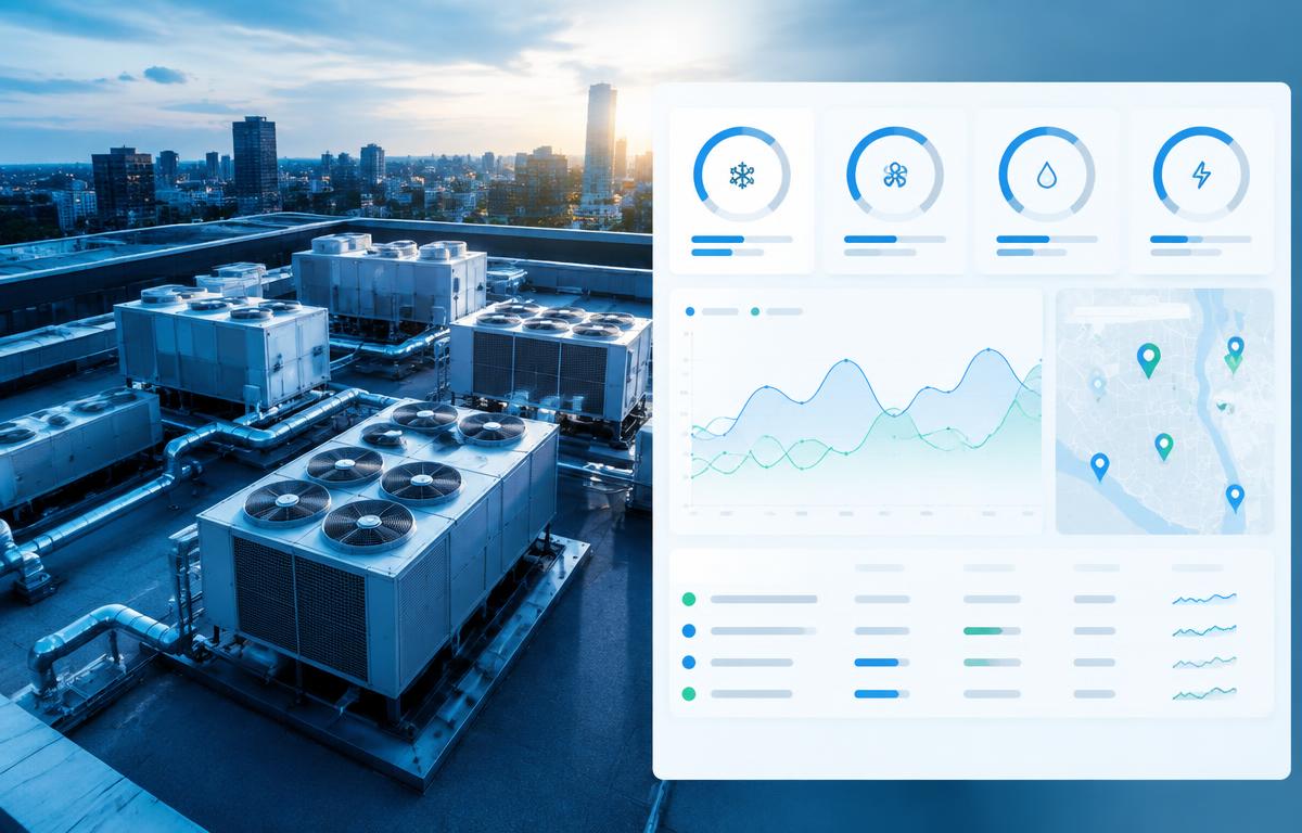 Commercial HVAC rooftop equipment alongside executive operations analytics